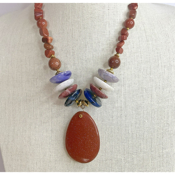 Goldstone Bead Necklace with Large Pendant & Natural Stone Accents - Picture 8 of 13